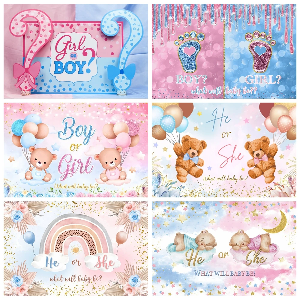 

Gender Reveal Party Backdrop Boy Or Girl Blue Pink Balloon Elephant Bear He Or She Baby Shower Birthday Photography Background