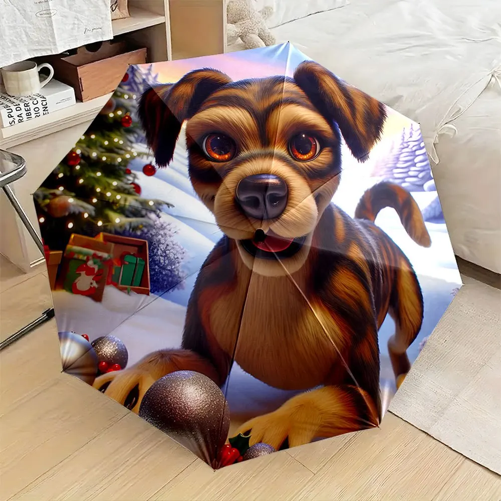 

Portable Folding Umbrella with Playful Dog & Festive Christmas Tree Design - Automatic Open/Close, 8-Rib Sturdy Frame, Compact