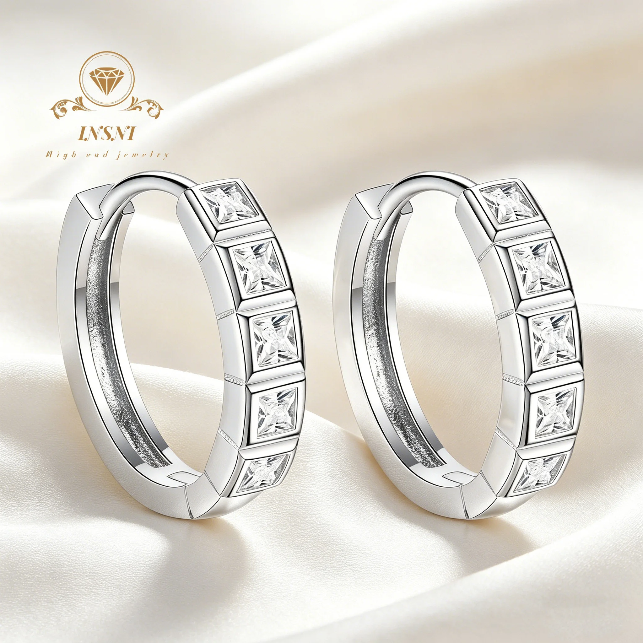 

Timeless 925 Silver Princess Cut Eternity Hoop Earrings Brilliant Square Moissanite Diamond Band Wedding Statement Earrings