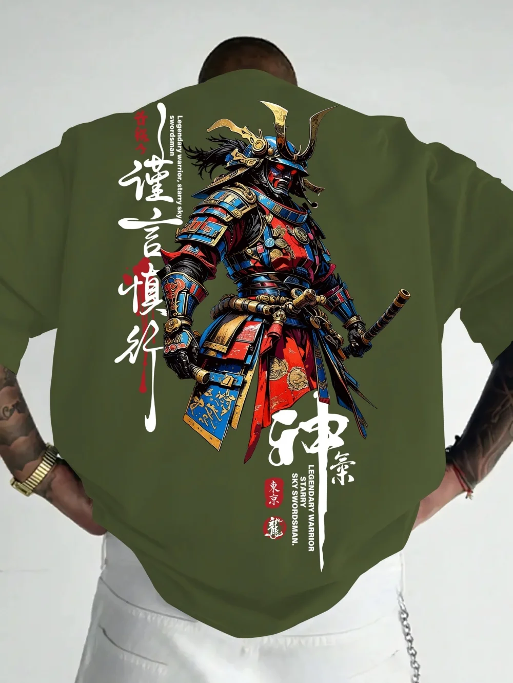 Herren Tokyo Warrior Casual Sport Streetwear Japanischer Tuschestil Samurai-Muster Bedrucktes Trendiges Alltags-Outdoor-Kurzarm-T-Shirt – Detail 4
