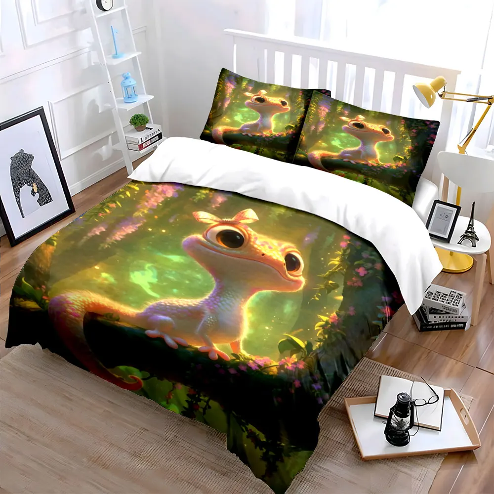 Colorful Gecko in Enchanted Forest Print Bedding Set 1 Duvet Cover 2 Pillowcases for Adult and Children Luxury Gift Full Size