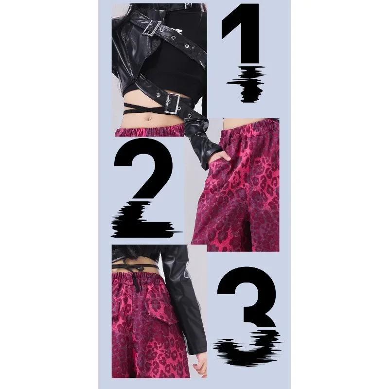 Kostum panggung dansa Jazz perempuan, kostum latihan Hip-hop, celana panjang longgar cetakan macan tutul merah muda Musim Semi dan Musim Gugur usia 7-15 tahun