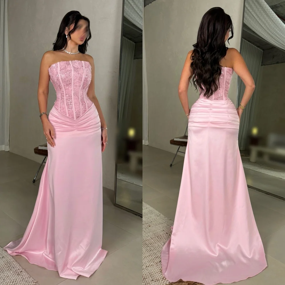 Customized Charmeuse Sequined Applique Strapless Floor-length Bespoke Occasion Elegant Party Wedding Women's Evening Dress