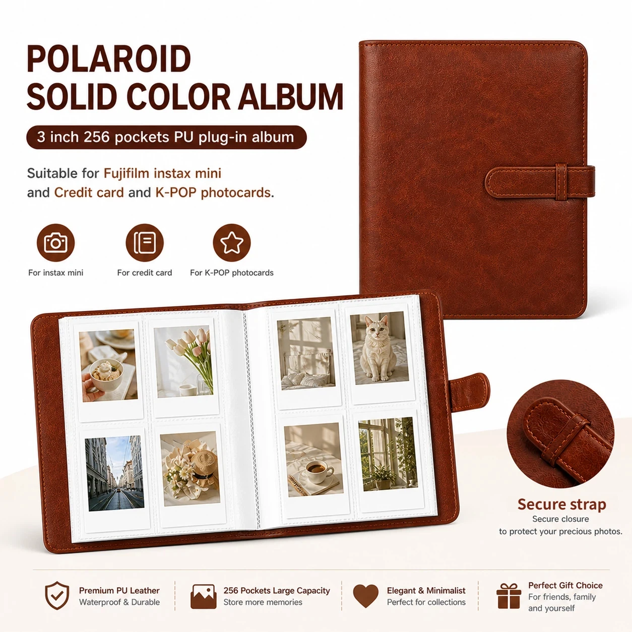 256 Photos Polaroid Album, 3 Inch - PU Leather Cover, Fits Fujifilm Instax Mini Film, Cards, Tickets - Multiple Colors