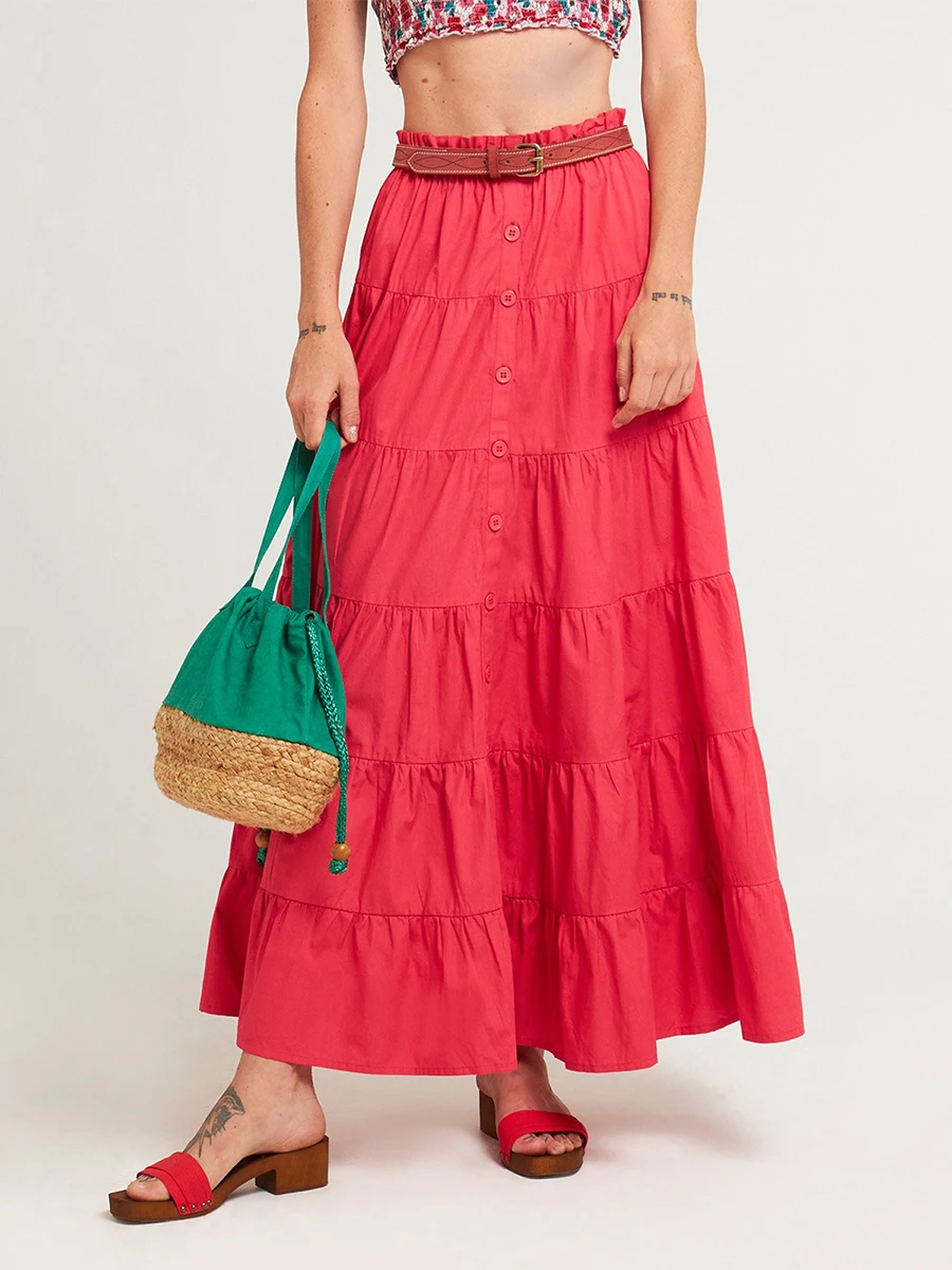 Maxi saia longa feminina, cor sólida casual, elástico na cintura, linha A, solta, plissada, balanço, boho, praia, verão