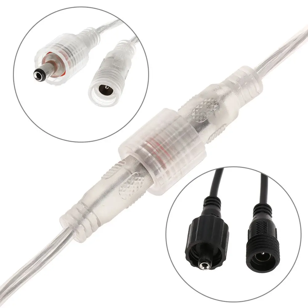 Lighting Accessories Transparent/Black Led strip DC 5.5 x 2.1mm 2 Pin Power Wires  IP68 Waterproof  Male and Female Connector
