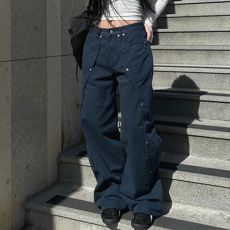 Women's Low Waisted Jeans with Metal Rivets Street Modeling Design Niche Design Sweet Girl Style Casual Versatile Pants