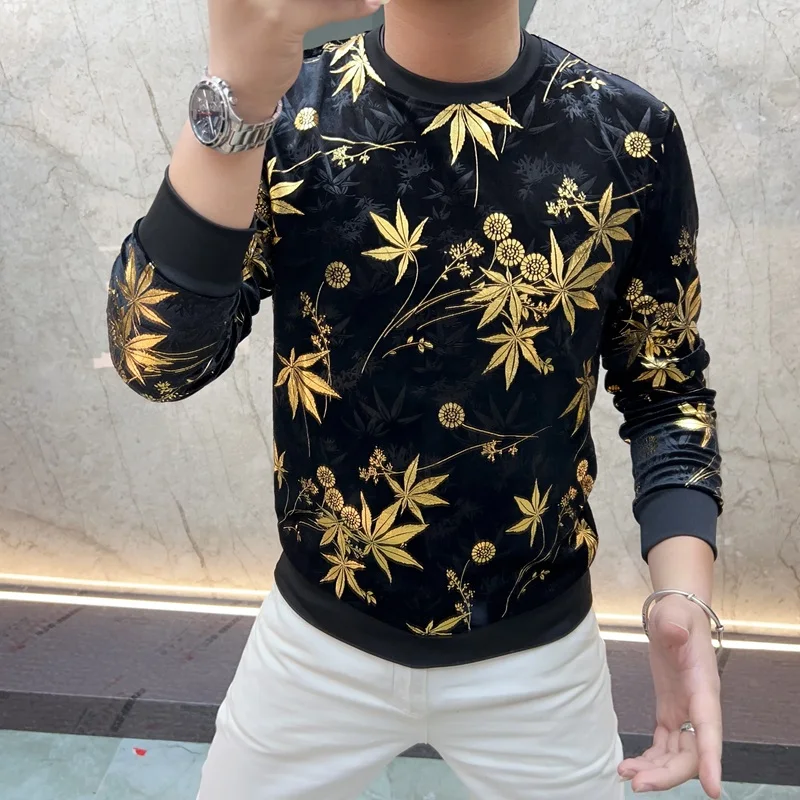 Autumn/Winter Velvet  Sweatshirts for Men Round Neck Elastic Casual Long Sleeved T-shirt Versatile Social Base Shirt Pullover