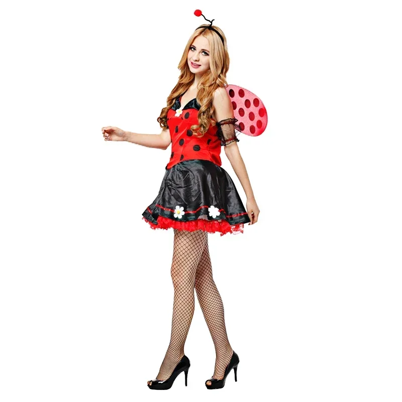 Halloween Fancy Red Ladybug Dresses Skirts Cosplay Costume Wings Fantasia Women For Party Sexy Carnaval Performance MN9