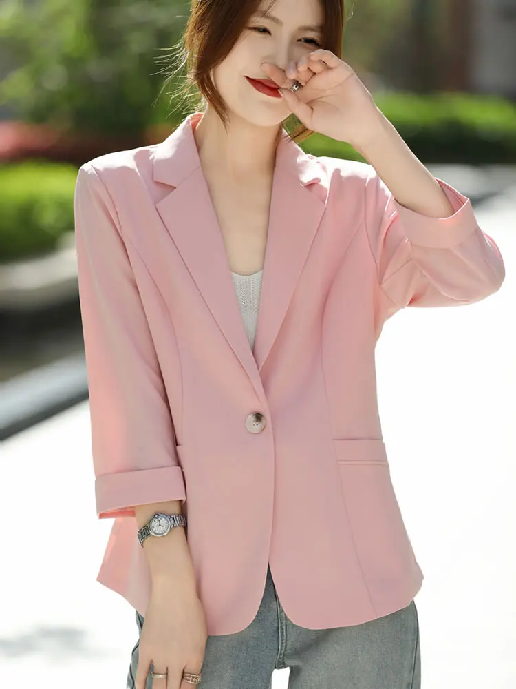 Spring and Summer New Women's Casual Small Suit Trendy Western Style Three-Quarter Sleeve Buckle Coat Thin and Comfortable Top