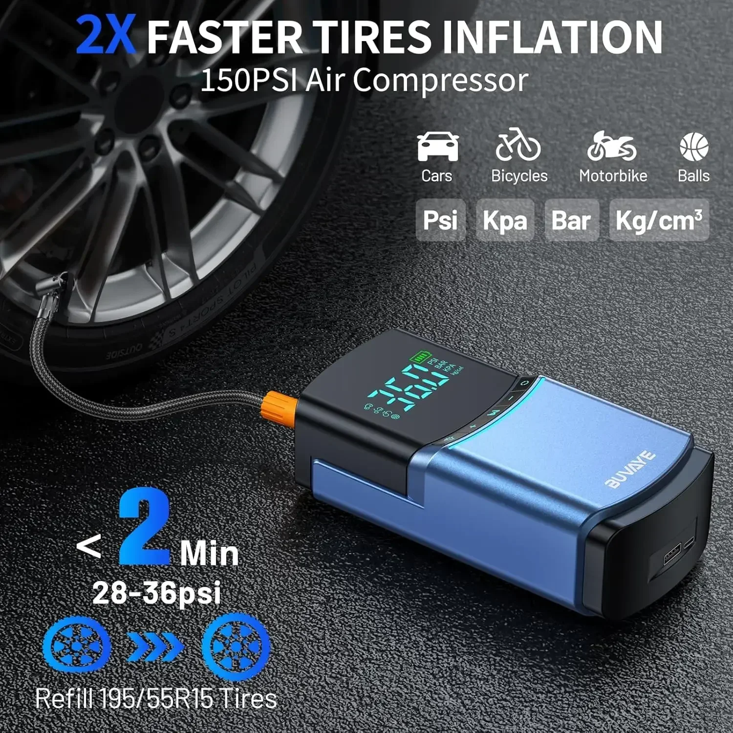 BUVAYE 4 in 1 Car Jump Starter Air Pump 150PSI Tyre Compressor 2000A Starter Device 10000mAh Power bank Digital Inflatable Pump