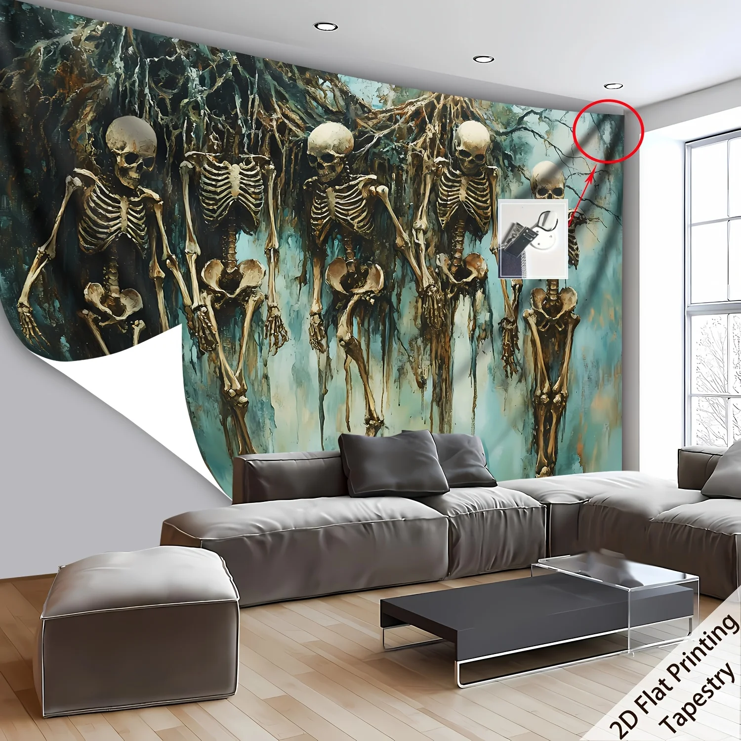 VIKAMA Halloween Gothic Wall Tapestry Skeleton Withered Tree Roots Hanging Cloth Green Retro Brush Oil Painting Terror Carpet Pa