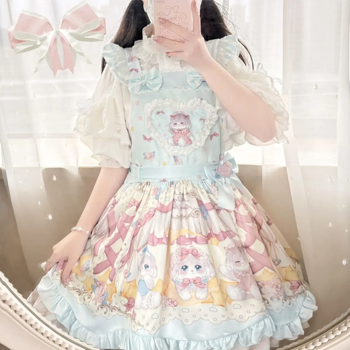 NONSAR Kawaii Lolita Camisole Dress Women Sweetheart Princess Cartoon Printing Bow Ruffles Vitality Girly Loli Party Mini Dress