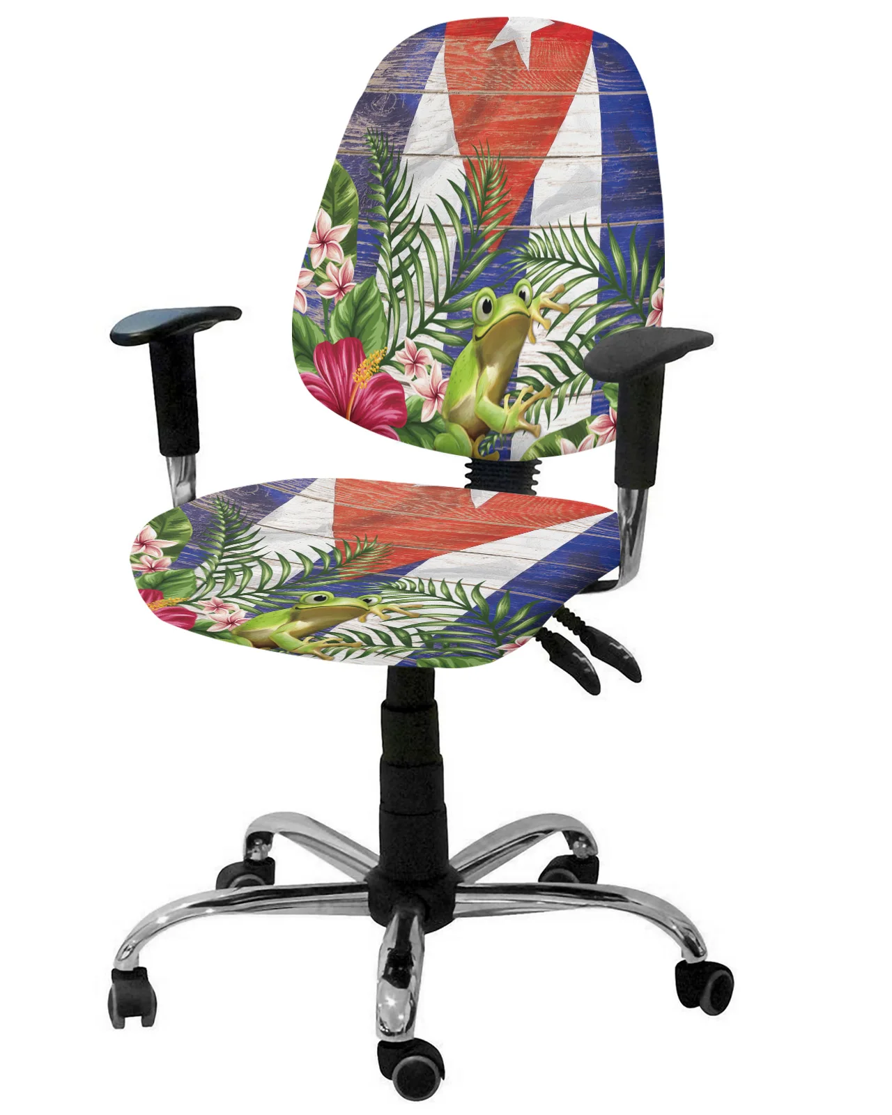 Frog Flower Vintage Wood Elastic Armchair Computer Chair Cover Stretch Removable Office Chair Slipcover Split Seat Covers