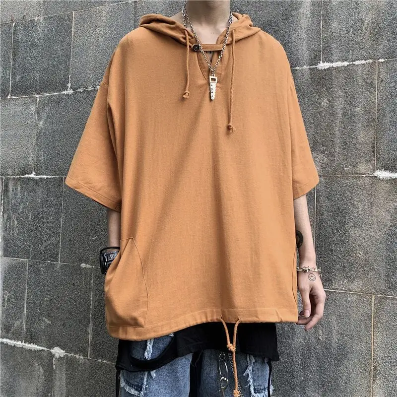 Men\'s Harajuku Pockets Patchwork T Shirts Summer New Short Sleeve Loose Hooded Solid Drawstring Tops Trend Casual Men Clothing