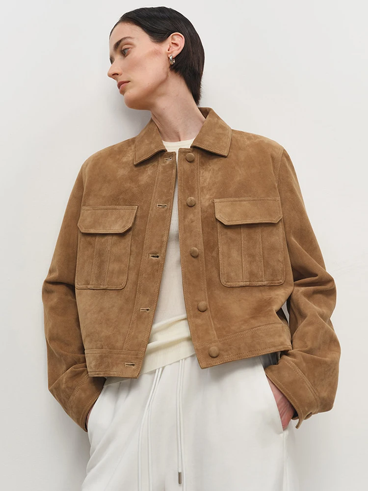 

Винтажные короткие куртки-карго из натуральной кожи для женщин, весна-осень 2026, новые, высококачественные, простые, классические, приталенные, из натуральной овчины, замшевые пальто