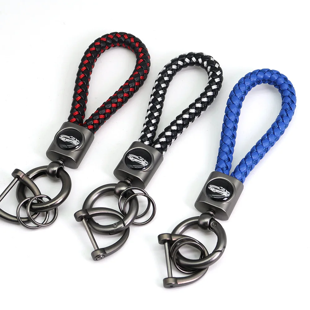 Woven Leather Rope Car Keychain, Minimalist Keyring, Motorcycle Rider Rope, 360 Degree Rotatable D-ring