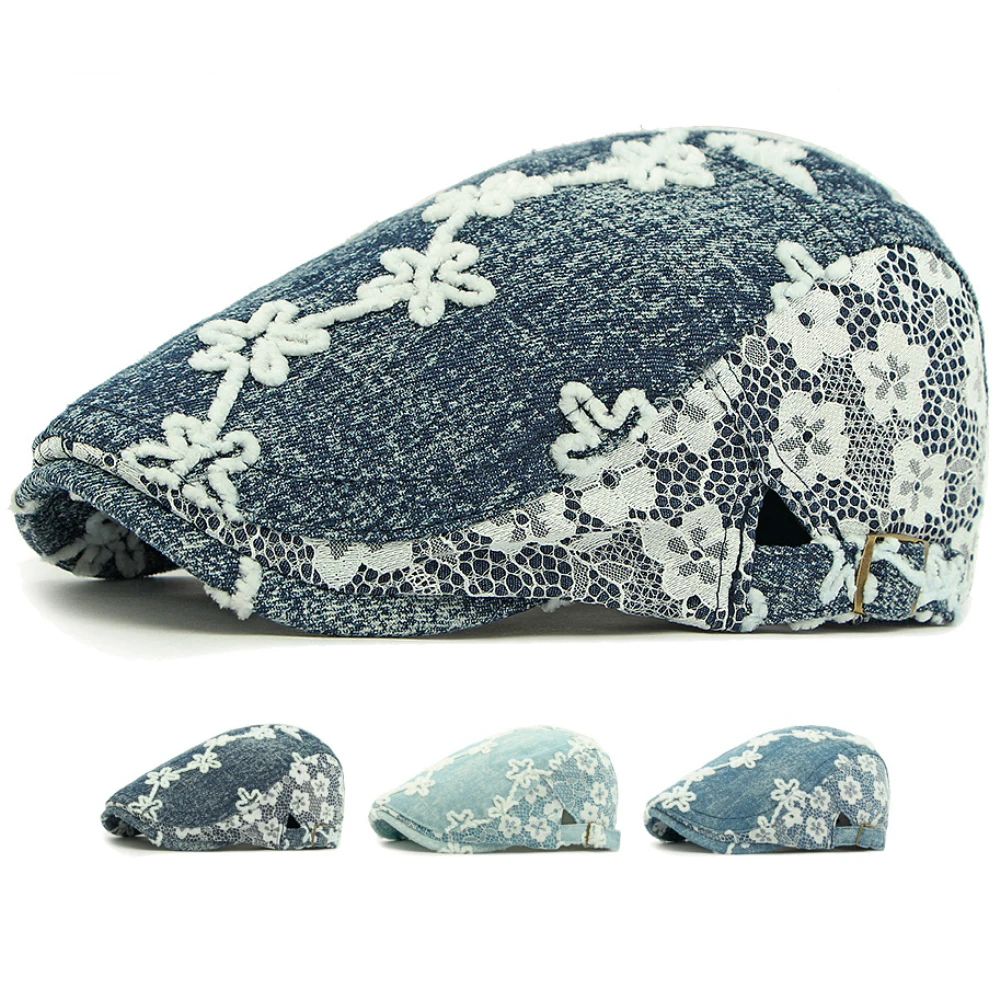 HT4801 Beret Cap Men Women Flower Artist Painter Beret Hat New Spring Summer Denim Hat Male Female Ivy Flat Cap Adjustable Beret