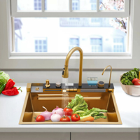 Digital Display Sink Pull-out Faucet Multifunctional Kitchen Sink , Adjustable Temperature with 360° Cup Washing,75x46x22cm,gold