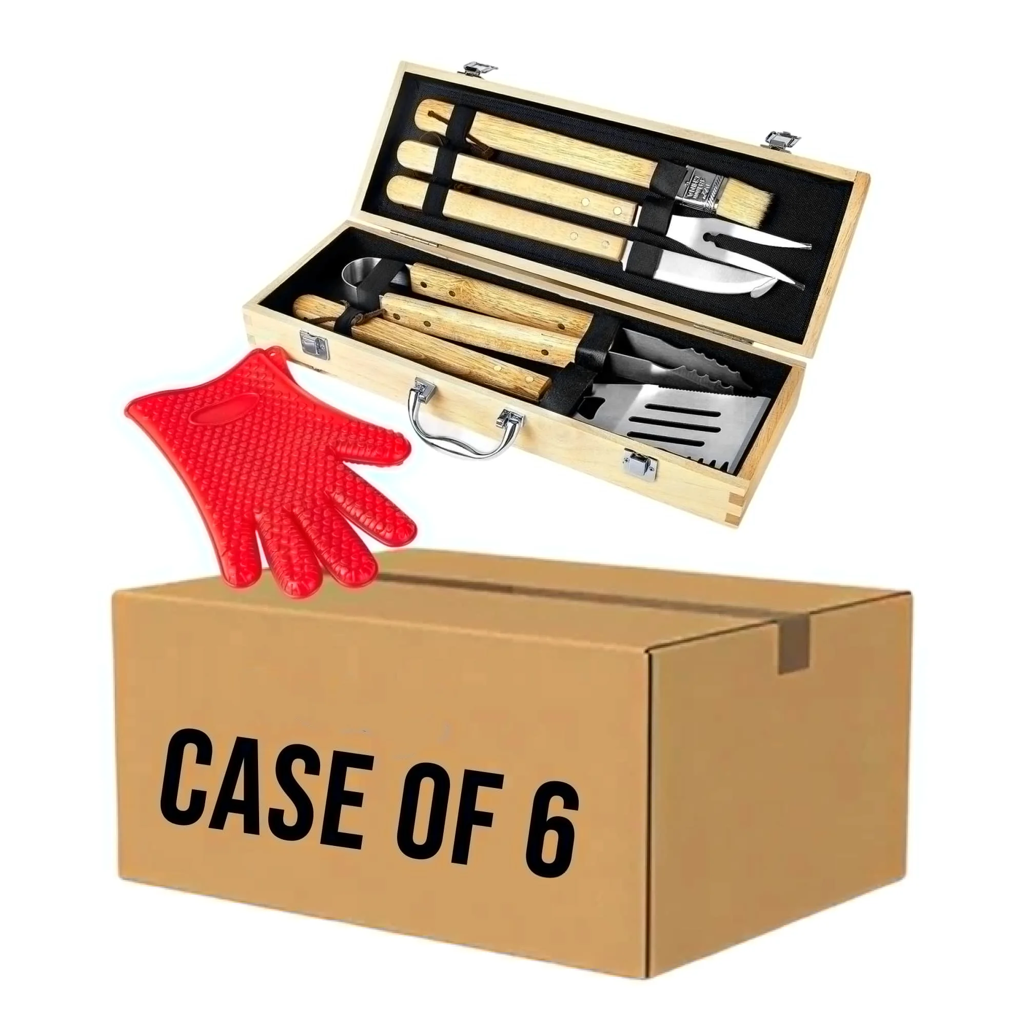 Pack of 6 Wood Stainless Steel BBQ Grill Set with Bamboo Gift Box BBQ Sticks and Anti-Heat Glove Christmas Gift for Dad,Husband