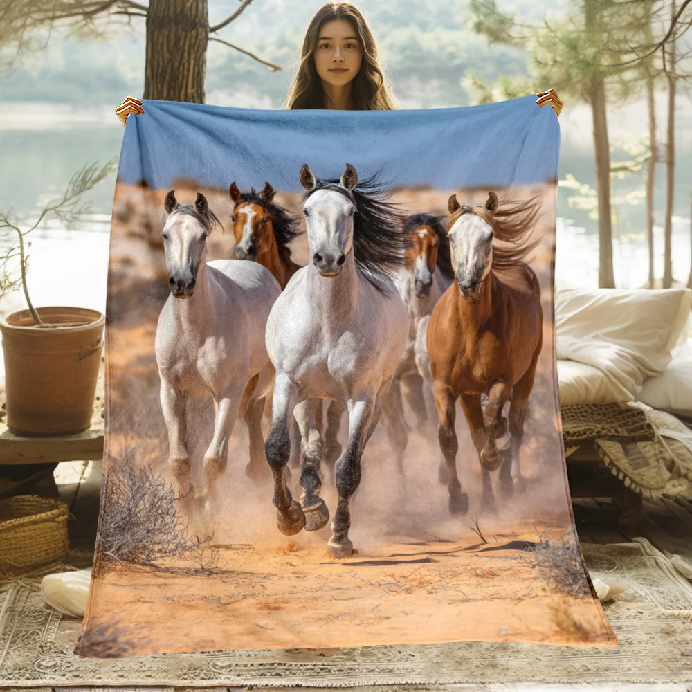 Racing horse pattern in the desert Flannel printed blanket suitable for all seasons suitable for living room office sofa travel