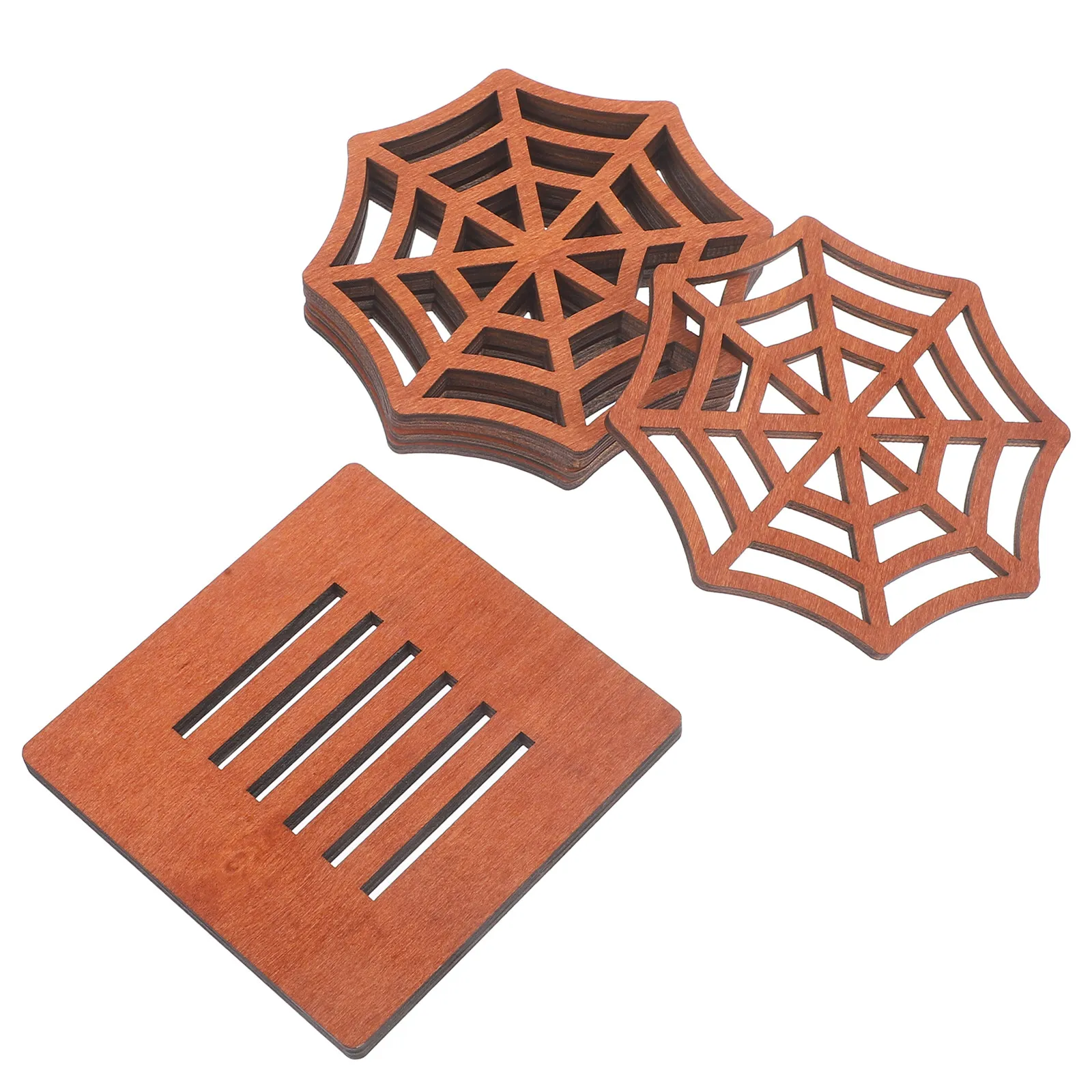 1Set Spider Web Themed Wooden Coasters Halloween Decorative Insulated Drink Mats for Living Room Coffee Shop Hotel Table Surface