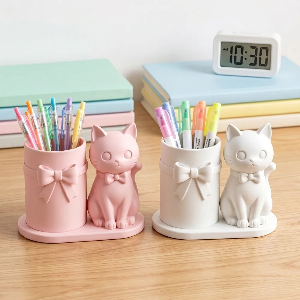 3D Printed Kitten-Shaped Pen Holder Plastic Decorations Creative Pen Stand Sturdy Unique Makeup Brush Storage Organizer