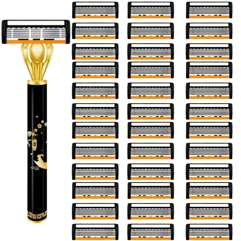 ماكينة حلاقة يدوية آمنة للرجال مكونة من 6 طبقات من الفولاذ المقاوم للصدأ، رأس ماكينة حلاقة قابلة للاستبدال، أدوات ماكينة حلاقة.