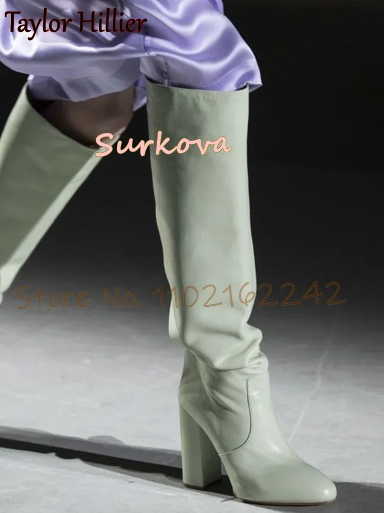 

Solid Splicing Square Heel Knee High Modern Boots Round Toe Slip On Newest Women'S Boots Spring Autumn Dress Party Stretch Boots