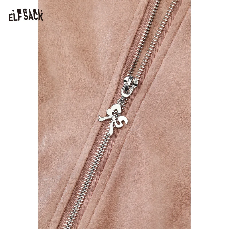 ELFSACK 2025 Autumn New Arrival Streetwear Solid Color Vintage Texture Leather Jacket Zip Up Biker Coat For Woman