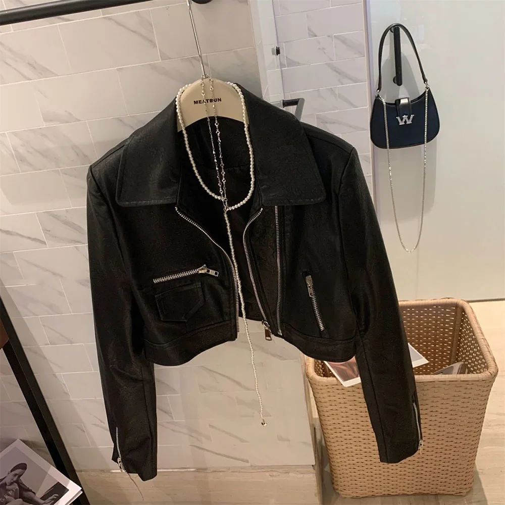 Blouson d'automne en cuir PU femme, streetwear, à la mode, fermeture éclair, col rabattu, court, élégant, pour moto, 2023