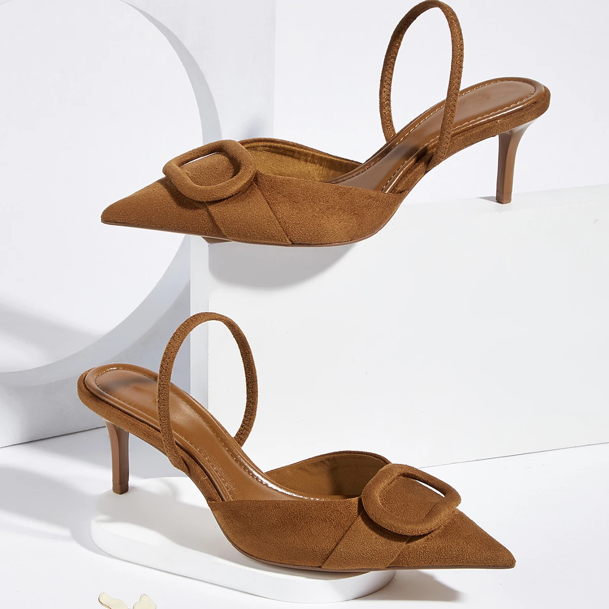 Women Pumps Brown Suede Pointed Toe Slingbacks Elegant Party Dress Shoes Heeled Sandals Luxury Designer Ladies High Heels