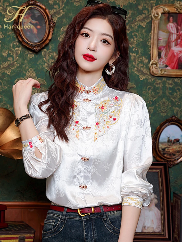 H Han Queen 2024 Spring Shirts And Blouses Vintage Women Clothes Embroidery Chiffon Elegant Blouse Loose Casual Long Sleeve Tops