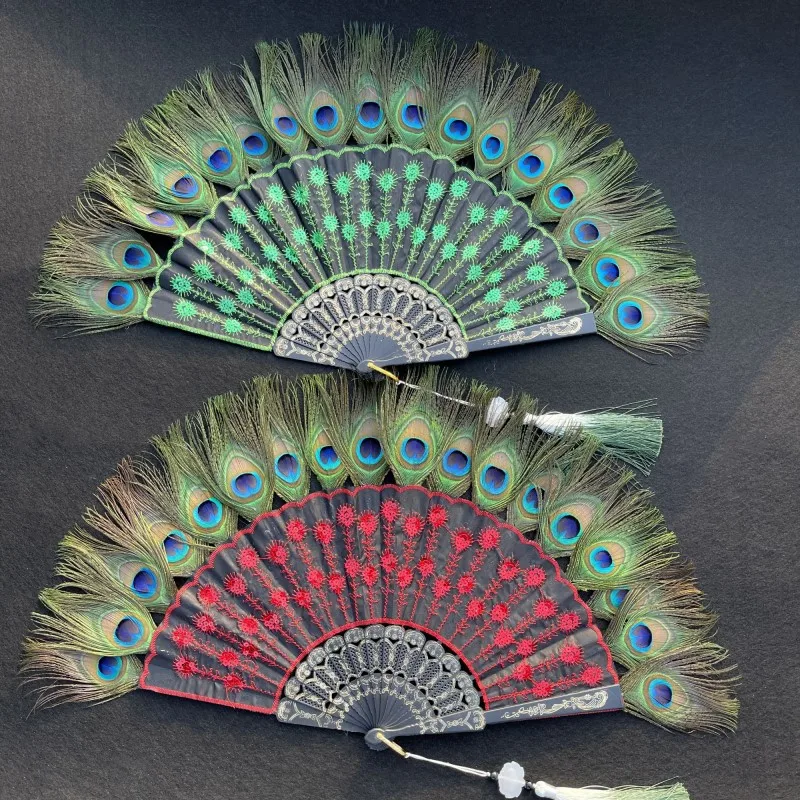 2026 Embroidery Sequin Peacock Feather Folding Fan Lolita Dance Hand Fan with Pendant Gifts Wedding Party Decoration