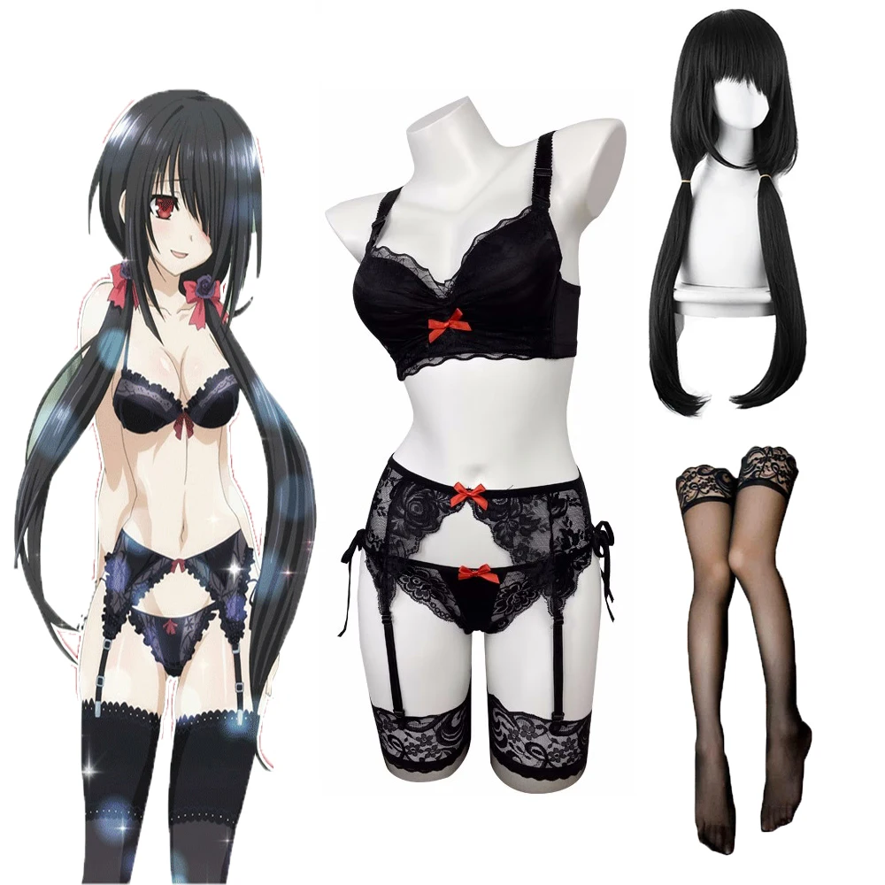 

Anime DATE A LIVE Nightmare Tokisaki Kurumi Sexy Lace Underwear Bra Set Underpants Outfit Halloween Cosplay Party Costumes Wig