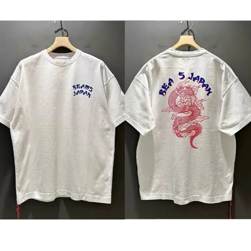 Oversized Cotton Beams Tshirts Summer Japan Tokyo Street Dragon Print Weaving Red Rope Casual Men Women Short Sleeve Tops