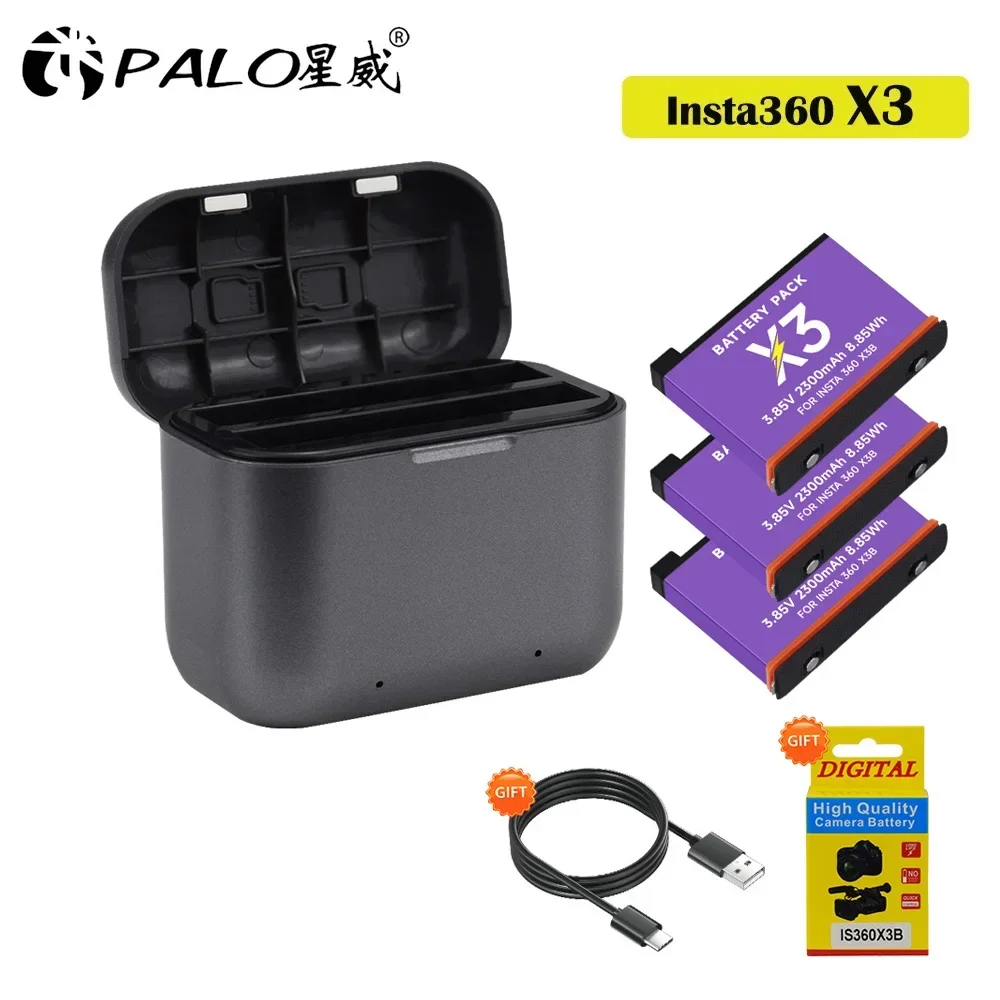 For Insta360 X3 One X 3 Battery Kit 2300mAh Fast Charge Li-ion Camera Battery for Insta 360 X3 Plus Type-C 2 Slots LED Charger