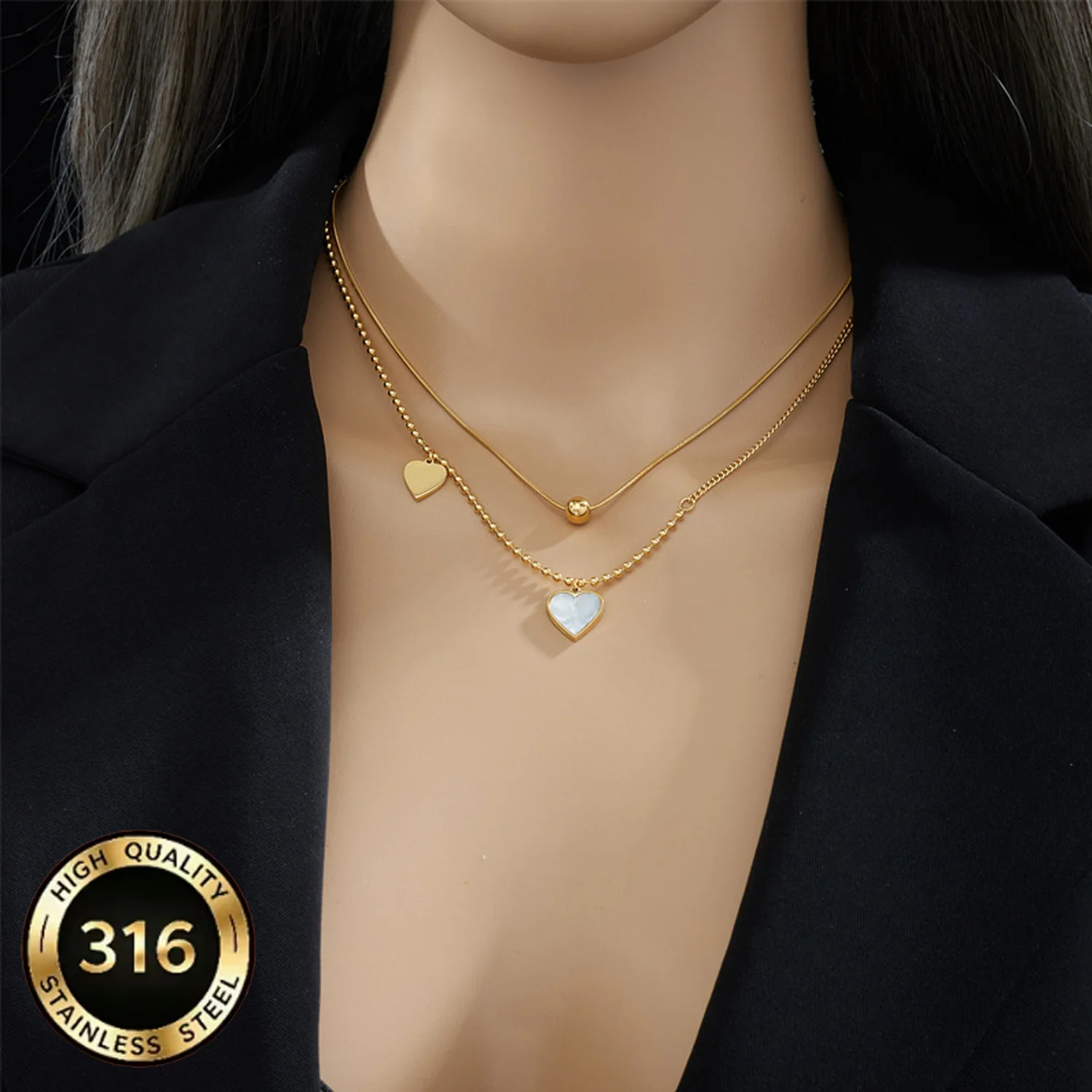 French-style Vintage Girl Simple Shell Heart Pendant Multi-layer Stackable Chain Fashion Delicate Stainless Steel Necklace