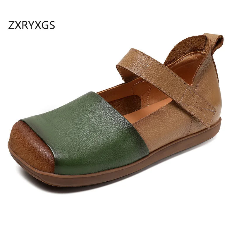 ZXRYXGS Elegant Temperament Flats 2026 New Trendy Square Toe Spell Color Top Cowhide Leather Shoes Flat Women Fashionable Shoes