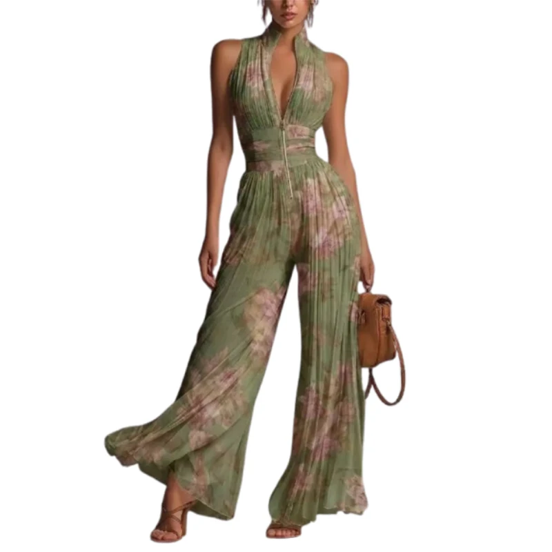 Uoozee Women Sleeveless Stand Collar Zipper Pleated Jumpsuits Floral Printed High Waist Wide Leg Floor Length Party Overalls
