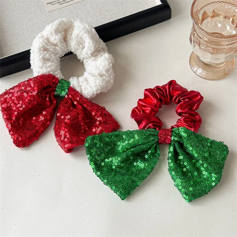

New Christmas Bell Bow Large Scrunchie Red Green Sequins Hair Ring 10CM Hairband Elastic Hair Tie for Woman Hair Accessories
