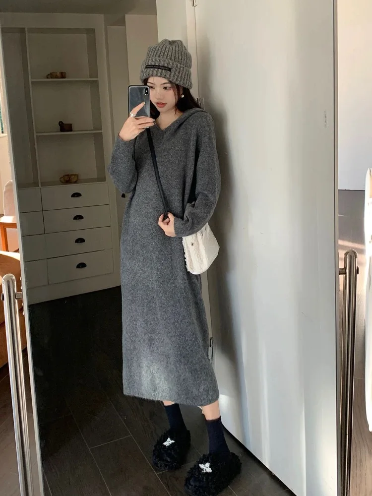 

Женское платье, пуловер из 100% мериносовой шерсти, свитер, осенне-зимняя одежда, вязаная прямая макси-юбка с v-образным вырезом и капюшоном, повседневное длинное платье