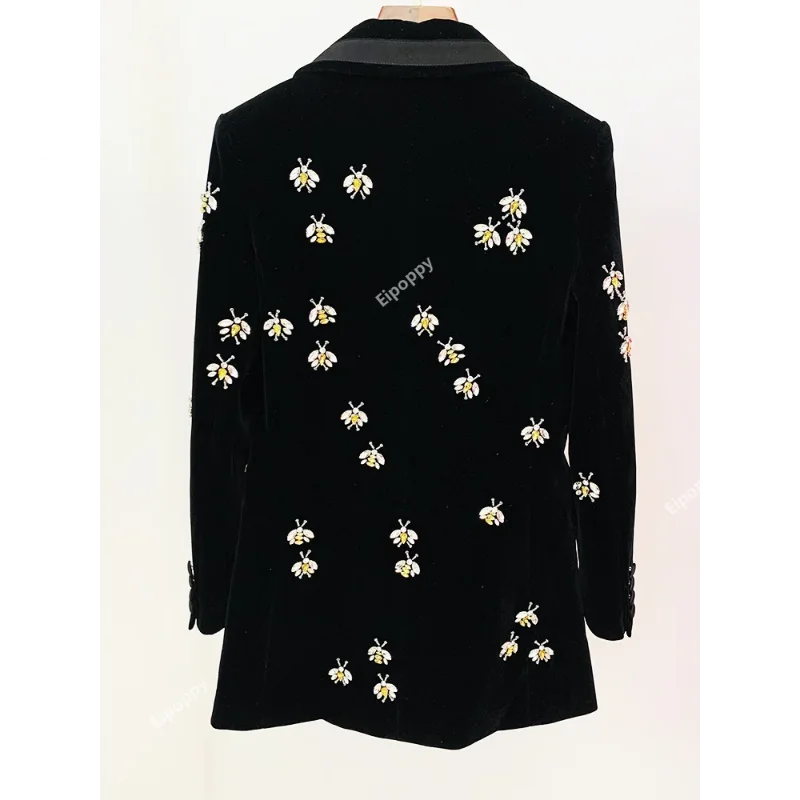 Black Velvet Blazer WomenDiamond Studded Pearl Bee Jacket for Party Wedding Wear Slim Fit Bee Diamond Studded Velvet Suits Coat