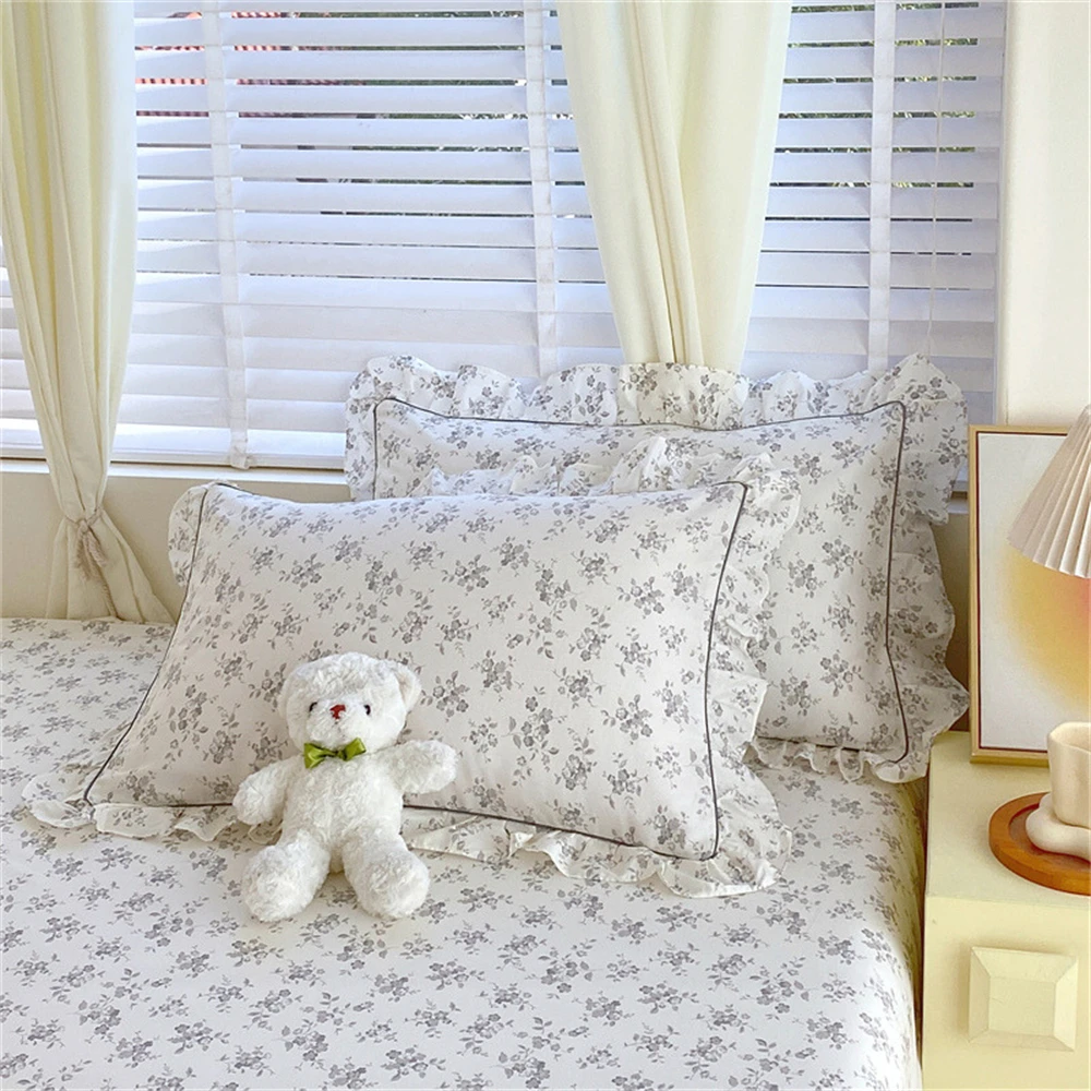 100% Cotton Pillowcase Flower Printed A Pair of Pillowcases Korean Pillow Cover with Ruffles Soft Comforter 48*74cm Pillowcase ﻿