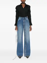 2025 New Retro High-Waisted Denim Pants Straight Leg Jeans for Women Washed Blue Loose & Flattering Casual Pants