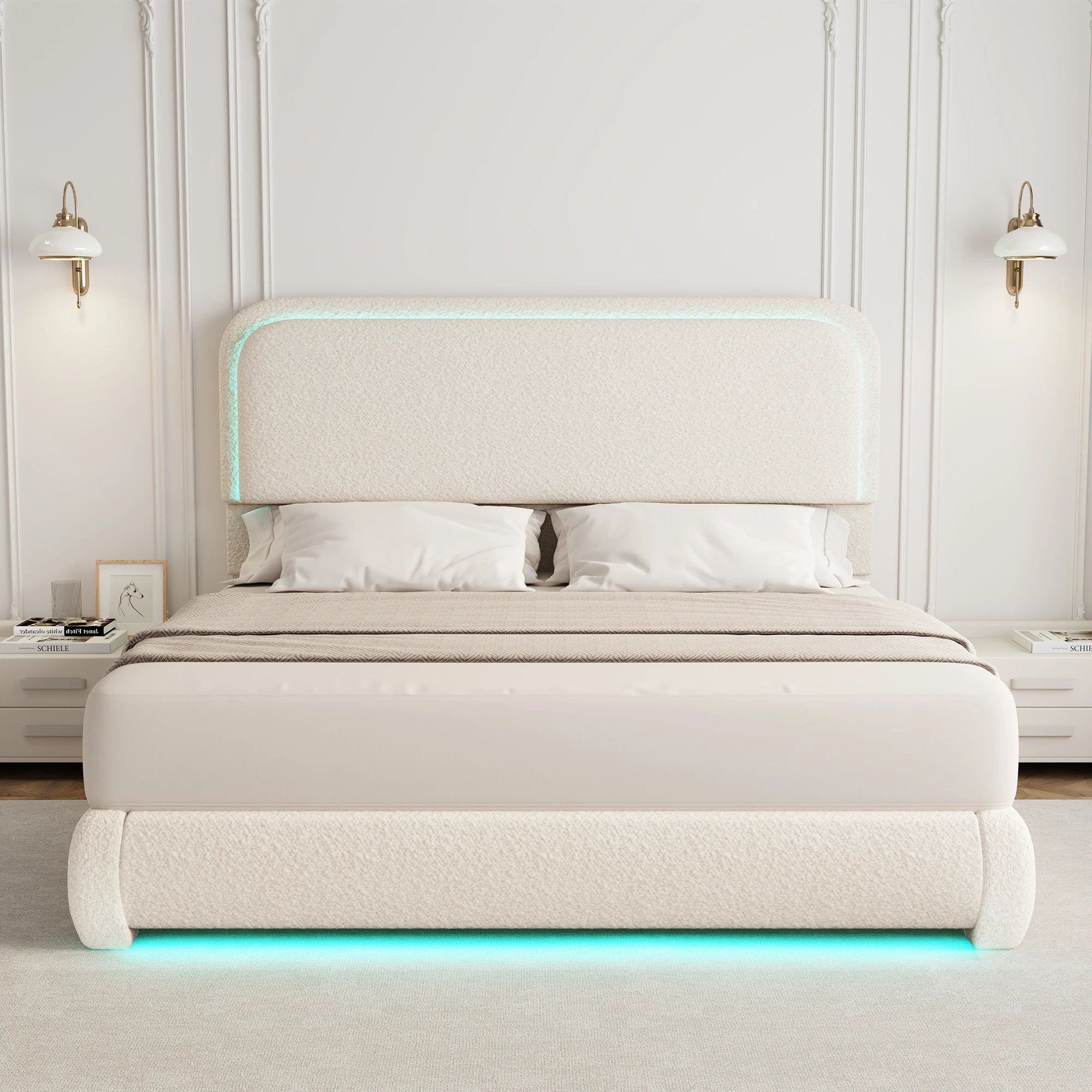 SIBEDS Queen Teddy Fleece Upholstered Bed Frame with LED Lights, Modern Cloud Platform Bed with Curved Headboard & Footboard, Thickened Rounded Corners, No Box Spring Needed, Cream