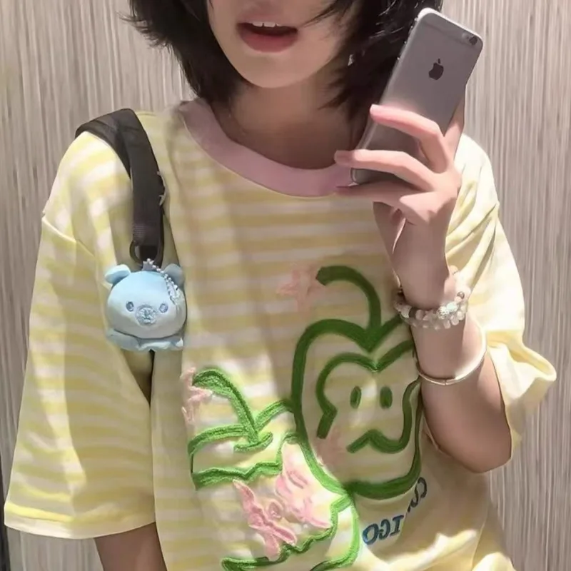 Apple Embroidery Tops & Tees Campus Striped Short Sleeved T-shirt Women Summer 2025 Y2K New Loose And Slim Casual Top Tee New