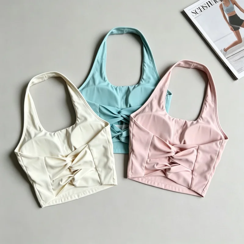 Women Halter‑Neck Cross Twist Back Crop Top With Removable Pads Yoga Bra Gym Training Sports Bra