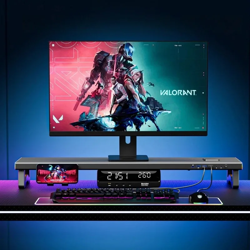 RGB Gaming Monitor Stand Riser, Ergonomic Desktop Organizer with USB Hub, Multifunctional Office Desk Shelf with Charging Port
