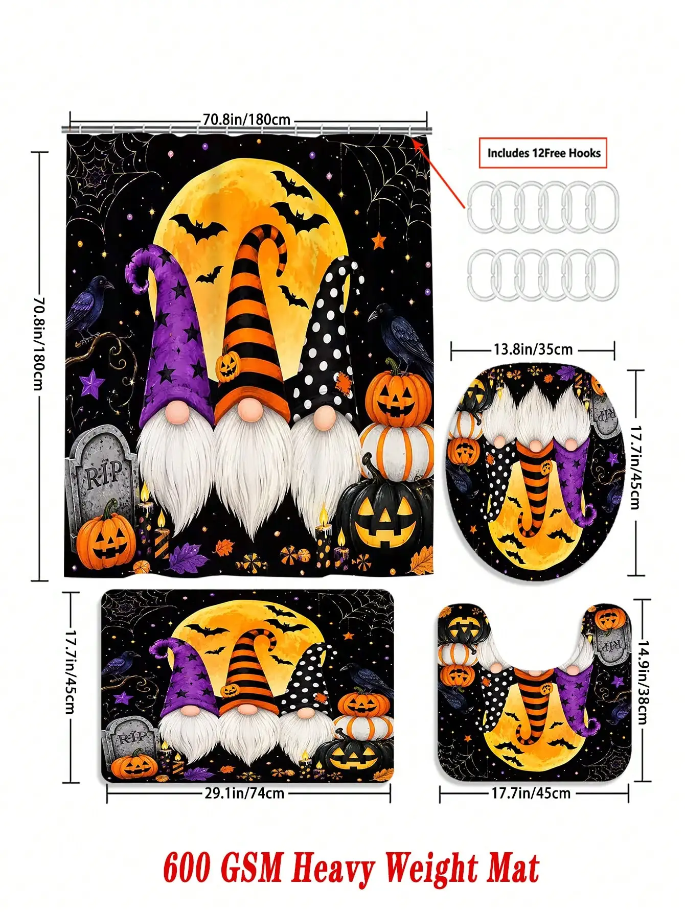 1/3/4pcs Fall Halloween Gnomes Raven Shower Curtain Set For Bathroom,Classic Bathroom Set,Bathroom Accesssories With 12 Hooks,Non-Slip Rug,Toilet Lid Cover U-Shaped Mat.Waterproof Polyester,Fits Home/Bedroom/Living Room,Halloween Decorations